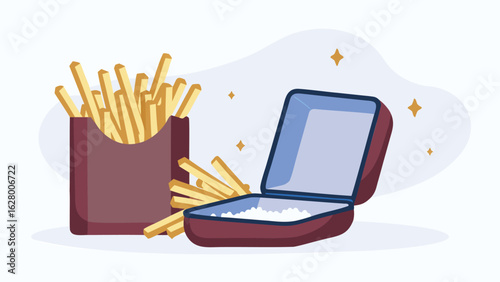 Illustration of a box of french fries next to an open container filled with white powder substance