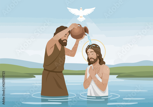 Baptism of Jesus by John the Baptist with Dove Illustration.