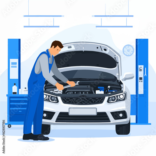 Flat vector of auto mechanic fixing car engine in a modern garage. Clean style illustration for automotive and repair concepts.
