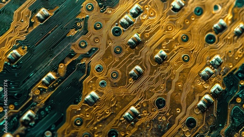 Close-up of a Circuit Board with Golden Traces and Components