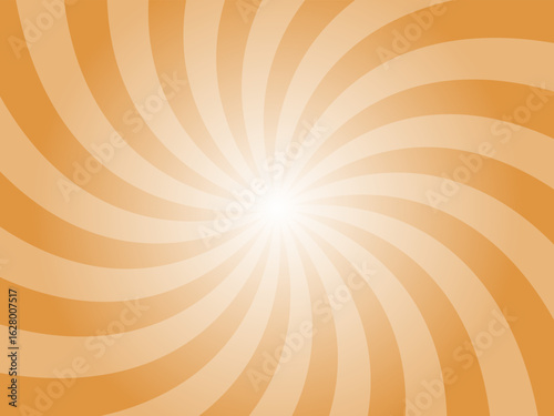 Butterscotch orange sunburst background. Yellow radial retro glowing rays banner. Abstract retro whirlwind starburst vector abstract background. Twisted radial illustration.