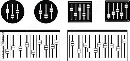 Audio equalizer icon vector set with circular and rectangular panels, black white sound frequency sliders for music and control apps