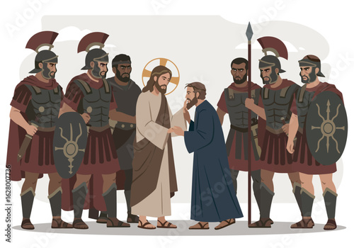 Jesus Betrayal: Judas Kiss Amidst Roman Soldiers Illustrated Scene.