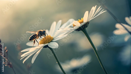 Fototapeta Naklejka Na Ścianę i Meble -  Honey bee pollinating white daisy flower in garden nature photography stock image for blog and social media