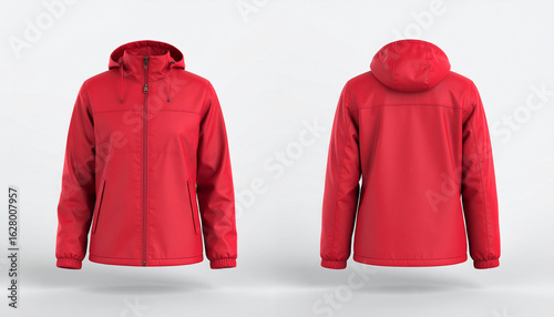 Red hooded jacket displayed from front and back on a clean white background