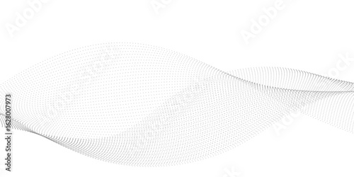 Abstract flowing dots particles wave curved lines on transparent background. Black halftone gradient smooth curve line shape background. Design for frequency sound, technology, science, banner	