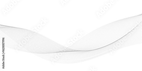 Abstract flowing dots particles wave curved lines on transparent background. Black halftone gradient smooth curve line shape background. Design for frequency sound, technology, science, banner	
