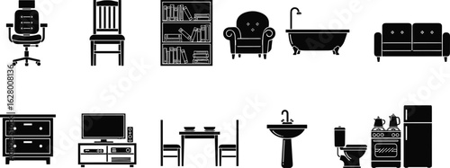 Cad drawing flat vector illustration, household furniture icon set, black white appliances, interior room elements, minimalist home silhouette design