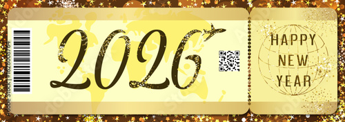 Happy New Year 2026 advertising banner in the shape of a plane ticket, shiny frame and isolated elements. Gift or promotional card design. Holiday backdrop. Golden glitters with clipping mask.
