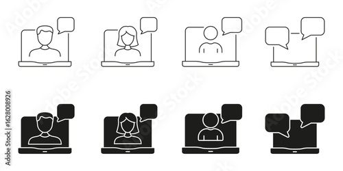 Video Conference And Chat Line And Solid Icon Set. Virtual Communication, Online Meeting, And Digital Interaction Symbol Collection. Remote Work And Collaboration Tools. Isolated Vector Illustration
