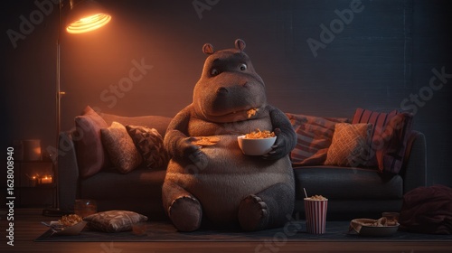 Hippo Eating Popcorn on Couch Under Lamp in Dark Room at Night