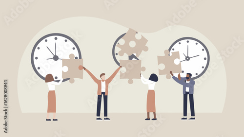 People connecting puzzle pieces to clocks representing teamwork and time management concept for business success