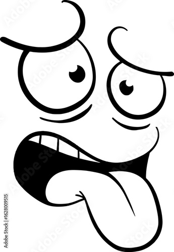 Goofy Cartoon Face Vector – Black and White Expression with Droopy Eyes, Open Mouth, and Tongue Out