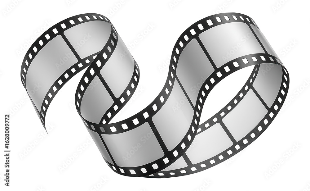 Naklejka premium Curved strip of black and white film with perforations, representing cinema and photography on transparent background.