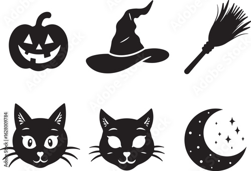 Spooky Halloween icons: pumpkin, cats, hat, broom, moon