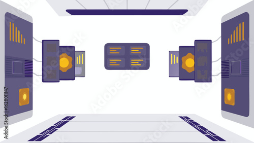 Interior view of a futuristic server room with multiple data servers and a central control panel display