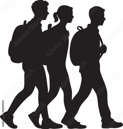 Group of Students Walking Silhouette Vector Illustration, Transparent Background.