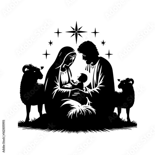 Christmas Nativity Scene SVG with Baby Jesus, Mary, and Joseph in Stable – Black Silhouette Vector Art for Holiday Crafts