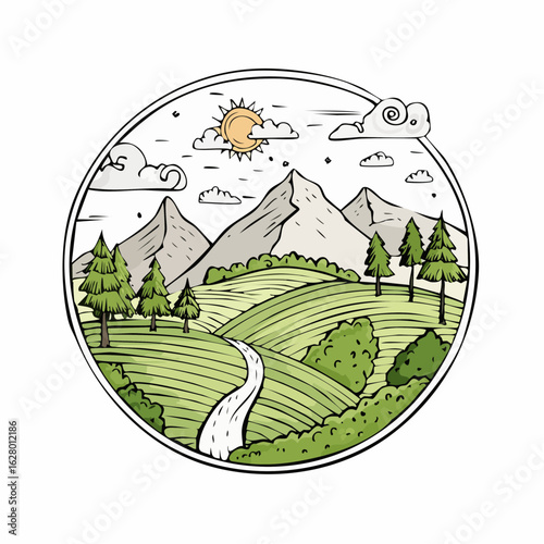 Serene Mountain Landscape Illustration with Sun, Trees, and Rolling Hills in a Circular Frame
