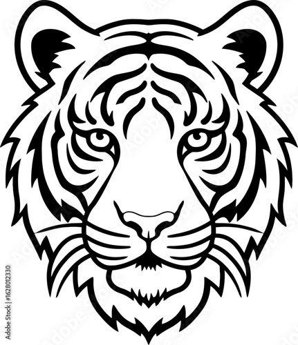 Black and White Tiger Face Vector – Detailed Symmetrical Line Art of Fierce Wild Animal Illustration
