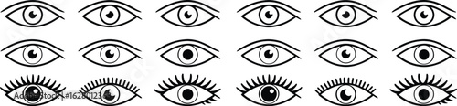A collection of hand drawn doodle style eyes with varying expressions and eyelash details presented in a horizontal arrangement against a white background