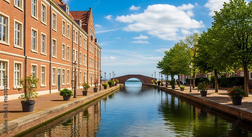 Naklejka premium Picturesque european canal with historic buildings and arch bridge