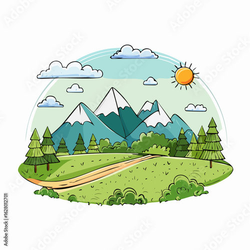 Serene mountain landscape scene with lush greenery under a bright sun and cloudy sky
