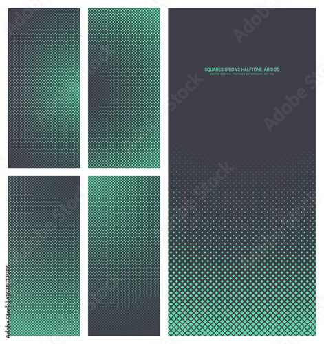 Assorted vector mint green squares grid halftone pattern set in vertical 9:20 aspect ratio including faded radial frame and various textures. Varied retro futuristic tech style design elements bundle