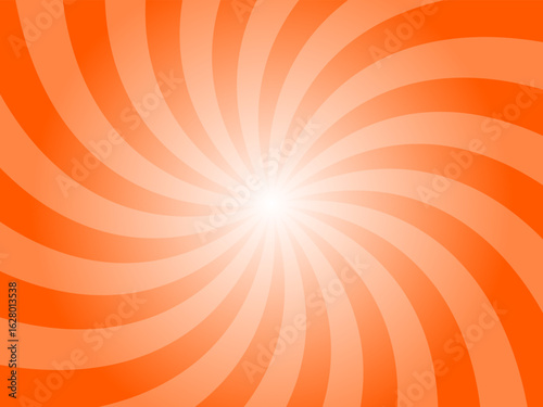 Bright orange sunburst background. Yellow radial retro glowing rays banner. Abstract retro whirlwind starburst vector abstract background. Twisted radial illustration.