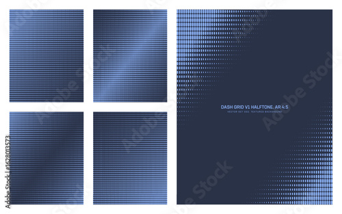 Assorted vector retro styled 80s dash grid navy blue halftone pattern set in vertical 4:5 aspect ratio including angular faded frame and various tilted textures. Varied half tone design elements pack