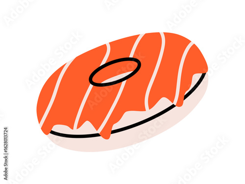 Hand drawn cute cartoon illustration of sweet dessert donut. Flat vector bakery dessert doodle. Sweet pastry. Unhealthy eating sticker, icon. Coffee break snack. Doughnut for breakfast. Isolated.