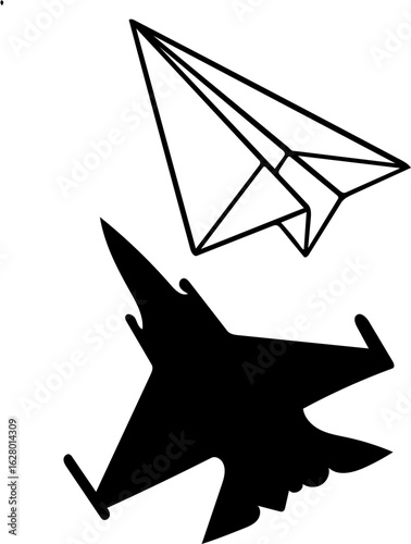 Two planes, one a paper airplane outline, the other a black silhouette of a fighter jet.