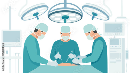 Surgical team performing an operation under bright operating room lights surgery surgeons