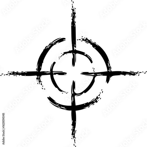 A rough, textured target or crosshair graphic in black and white.
