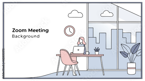 Illustration of a woman at a desk with a laptop in front of a window with a city view and cloud above