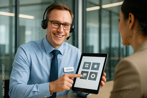 Customer Service Demonstration: A customer service representative, exuding professionalism, guides a client through a digital interface on a tablet, their interactions marked by clarity and ease.