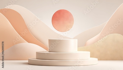 Abstract scene with a three-tiered pedestal and a soft orange circle.