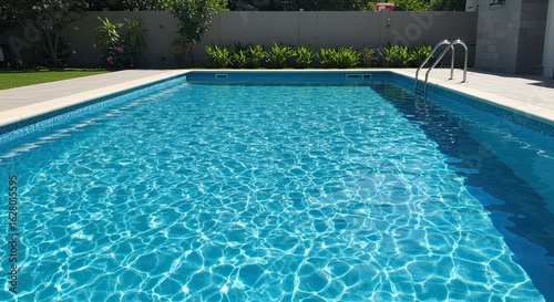 Serene swimming pool sparkles in sunlight with clear turquoise water