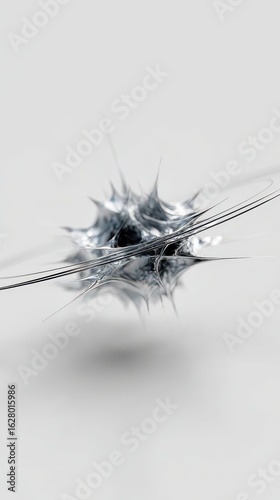 Abstract Silver Spiky Sphere with Shadow on White Background - Modern Art