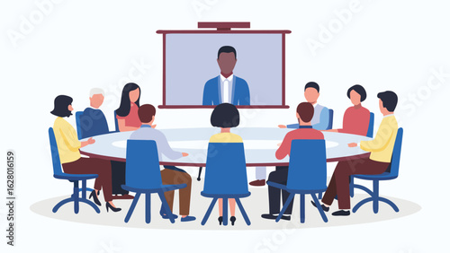 Illustration of a video conference with people sitting around a table and a screen showing a person