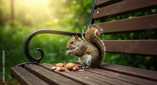 Squirrel enjoying nuts on a wooden park bench in a natural setting