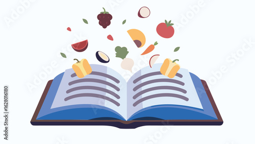 Open book with vegetables and fruits floating above it suggesting a healthy recipe or cooking guide idea