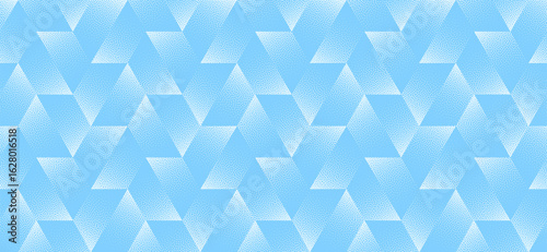 Vector abstract wide panoramic background featuring divided hexagons grid halftone pattern in cool blue tones. Grainy texture adds a modern geometric edge perfect for design, branding and tech visuals