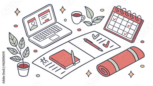 Isometric view of a laptop, calendar, notebook, pen, plant, coffee cup, and yoga mat on a white background