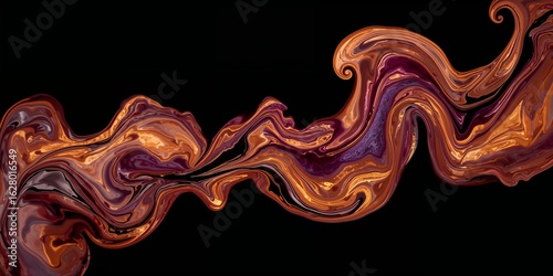 Fluid art with swirling patterns of brown orange and purple against a stark black background design