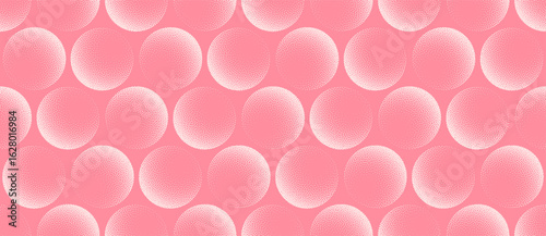Vector abstract wide panoramic background with dotted sphere pattern in light pink hues halftone. Grainy texture and soft geometric flow create dreamy mood for trendy digital and creative visuals