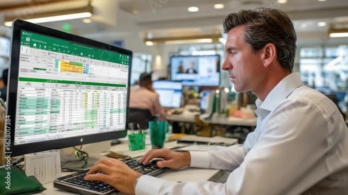 Analyzing Data and Working hard: A focused man navigates the digital realm, absorbed in his meticulous analysis of spreadsheets at the workplace, capturing his dedication to detailed work