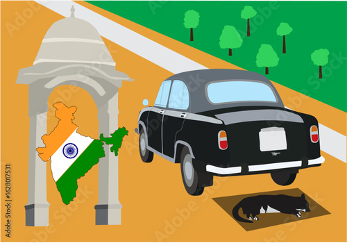 Indian road landmarks with architecture and street dog under old vintage car