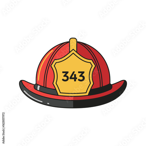 Firefighter helmet icon with tribute number 343 symbolizing heroism and sacrifice. Vector illustration of first responder protective headwear for emergency services.