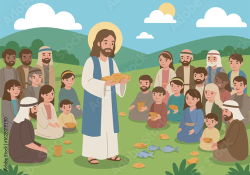 Jesus Christ depicted in a flowing robe offers loaves of bread to a large group of people seated on the grass.